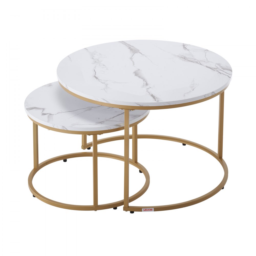 VEVOR Nesting Coffee Table Set of 2, 700 mm Round Coffee Table, Nesting Tables for Small Place, Vintage End Side Tables Night Stand with Metal Frame, for Living Room, Bedroom, Office (White & Gold)