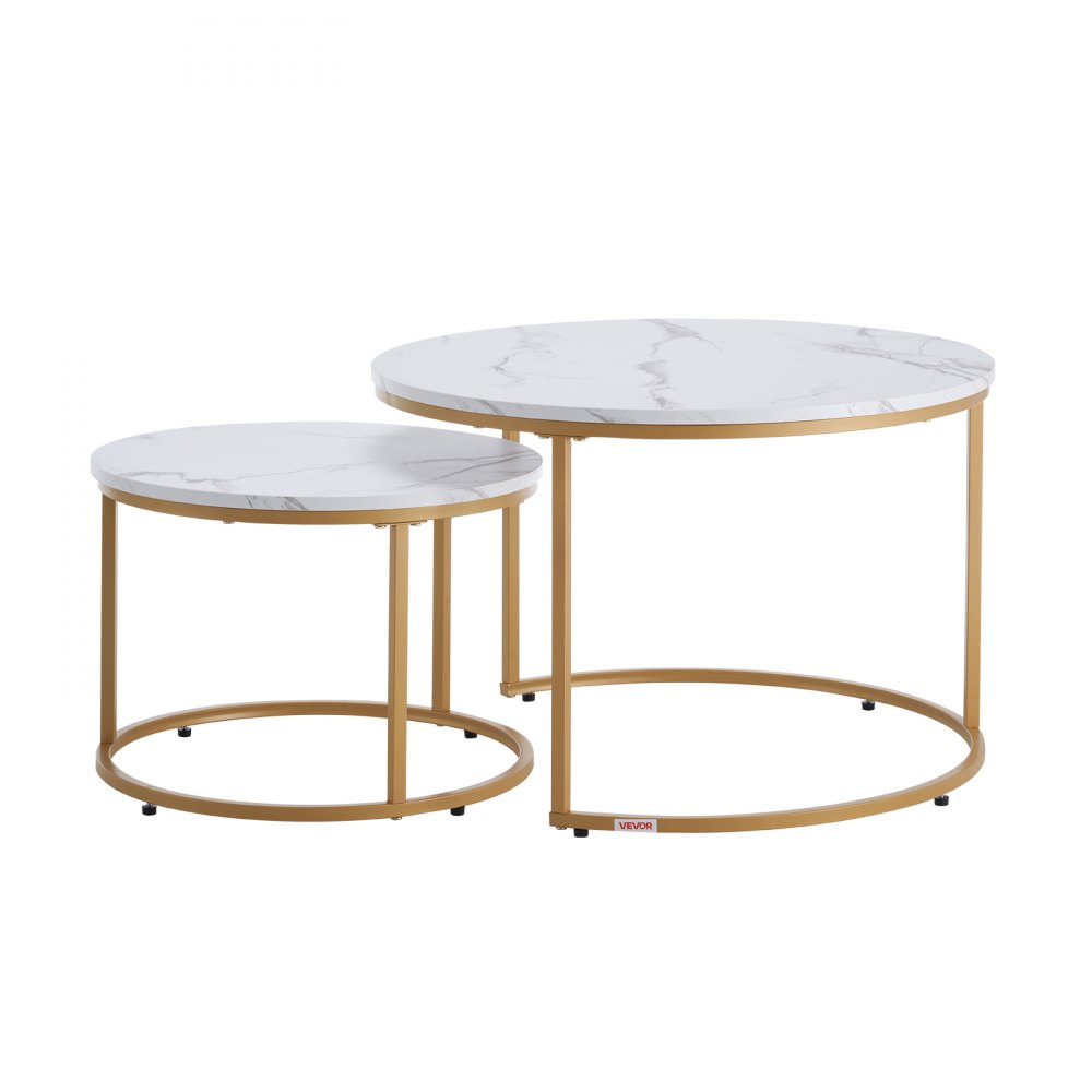 VEVOR Nesting Coffee Table Set of 2, 700 mm Round Coffee Table, Nesting Tables for Small Place, Vintage End Side Tables Night Stand with Metal Frame, for Living Room, Bedroom, Office (White & Gold)
