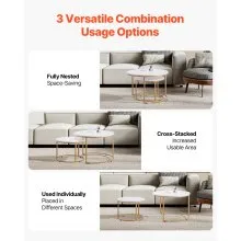VEVOR Nesting Coffee Table Set of 2, 27.6 in Round Coffee Table, Nesting Tables for Small Place, Vintage End Side Tables Night Stand with Metal Frame, for Living Room, Bedroom, Office (White & Gold)