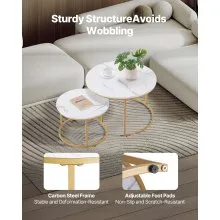 VEVOR Nesting Coffee Table Set of 2, 27.6 in Round Coffee Table, Nesting Tables for Small Place, Vintage End Side Tables Night Stand with Metal Frame, for Living Room, Bedroom, Office (White & Gold)