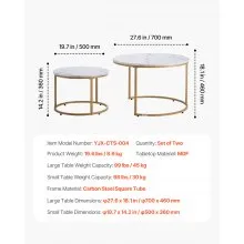 VEVOR Nesting Coffee Table Set of 2, 27.6 in Round Coffee Table, Nesting Tables for Small Place, Vintage End Side Tables Night Stand with Metal Frame, for Living Room, Bedroom, Office (White & Gold)