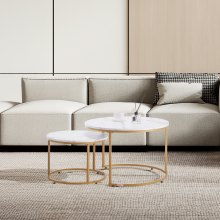 Nesting Coffee Table Set of 2 Round Coffee Table 27.6 in (White & Gold)