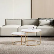 VEVOR Nesting Coffee Table Set of 2, 27.6 in Round Coffee Table, Nesting Tables for Small Place, Vintage End Side Tables Night Stand with Metal Frame, for Living Room, Bedroom, Office (White & Gold)