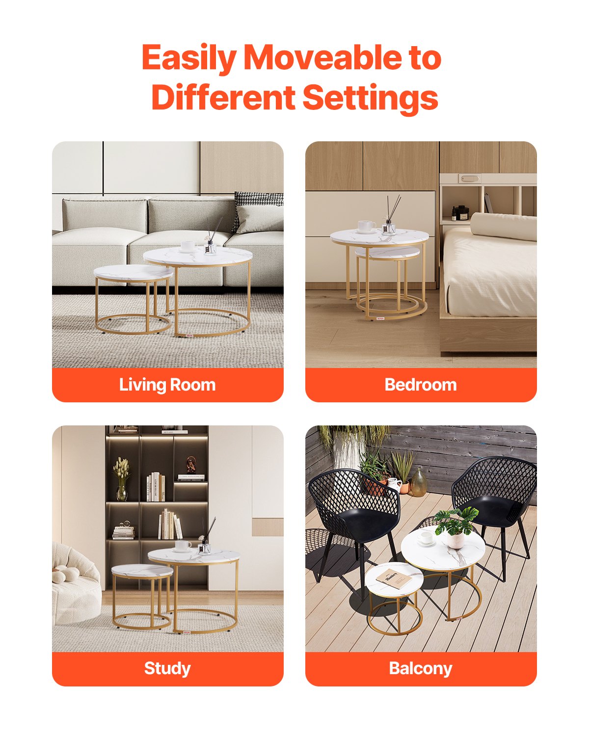 VEVOR Nesting Coffee Table Set of 2, 700 mm Round Coffee Table, Nesting Tables for Small Place, Vintage End Side Tables Night Stand with Metal Frame, for Living Room, Bedroom, Office (White & Gold)