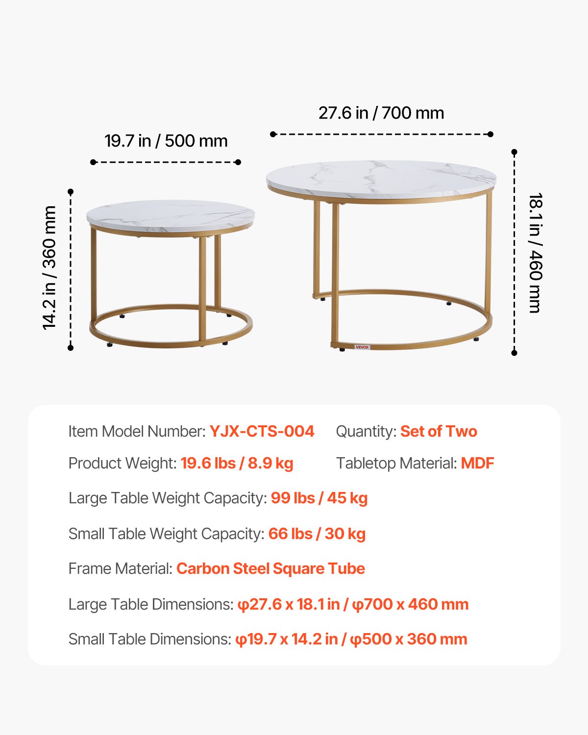VEVOR Nesting Coffee Table Set of 2, 700 mm Round Coffee Table, Nesting Tables for Small Place, Vintage End Side Tables Night Stand with Metal Frame, for Living Room, Bedroom, Office (White & Gold)