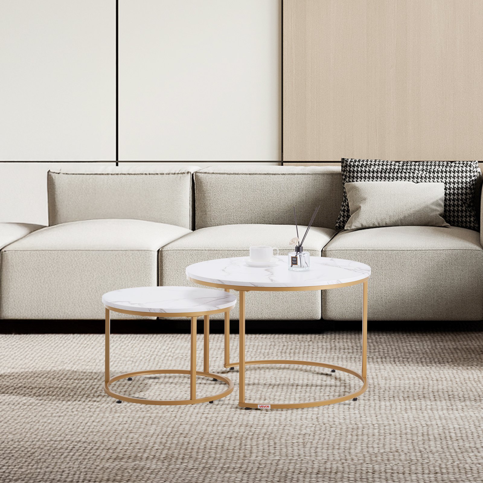 VEVOR Nesting Coffee Table Set of 2, 700 mm Round Coffee Table, Nesting Tables for Small Place, Vintage End Side Tables Night Stand with Metal Frame, for Living Room, Bedroom, Office (White & Gold)