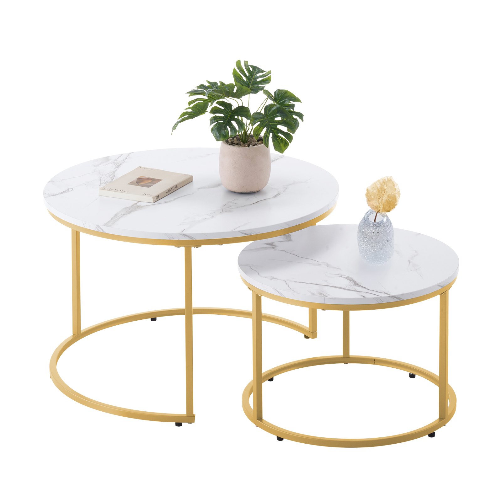 VEVOR Nesting Coffee Table Set of 2, 700 mm Round Coffee Table, Nesting Tables for Small Place, Vintage End Side Tables Night Stand with Metal Frame, for Living Room, Bedroom, Office (White & Gold)