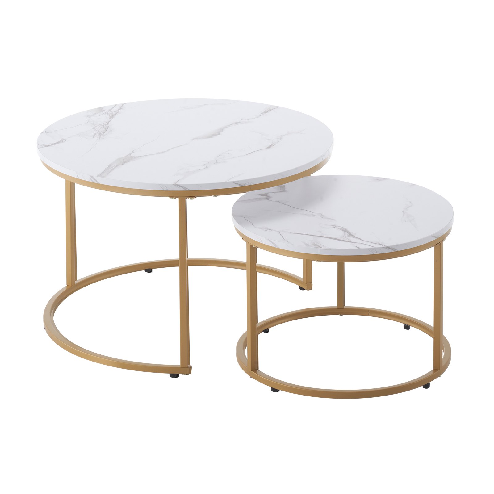 VEVOR Nesting Coffee Table Set of 2, 700 mm Round Coffee Table, Nesting Tables for Small Place, Vintage End Side Tables Night Stand with Metal Frame, for Living Room, Bedroom, Office (White & Gold)