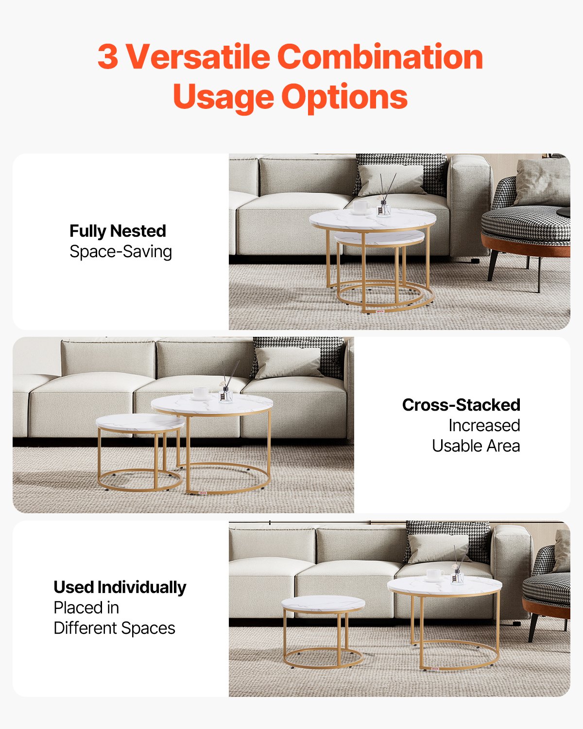 VEVOR Nesting Coffee Table Set of 2, 27.6 in Round Coffee Table, Nesting Tables for Small Place, Vintage End Side Tables Night Stand with Metal Frame, for Living Room, Bedroom, Office (White & Gold)