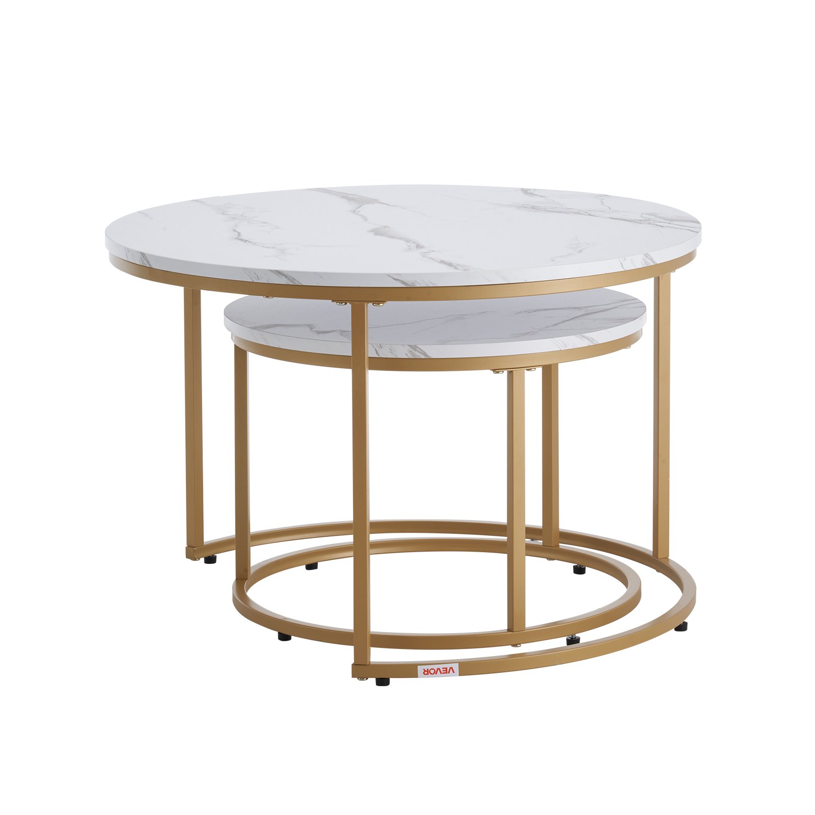 VEVOR Nesting Coffee Table Set of 2, 27.6 in Round Coffee Table, Nesting Tables for Small Place, Vintage End Side Tables Night Stand with Metal Frame, for Living Room, Bedroom, Office (White & Gold)