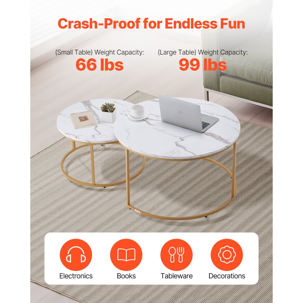VEVOR Nesting Coffee Table Set of 2, 800 mm Round Coffee Table, Nesting Tables for Small Place, Vintage End Side Tables Night Stand with Metal Frame, for Living Room, Bedroom, Office (White & Gold)