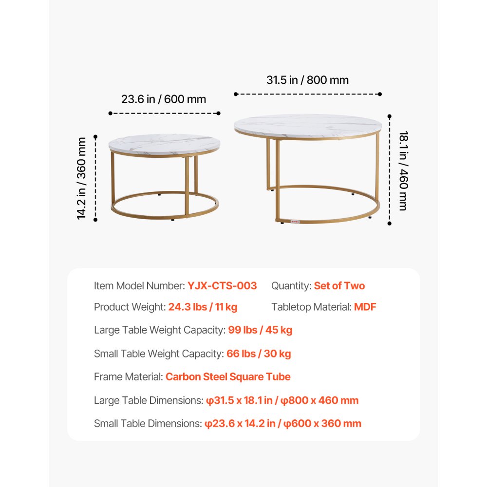 VEVOR Nesting Coffee Table Set of 2, 800 mm Round Coffee Table, Nesting Tables for Small Place, Vintage End Side Tables Night Stand with Metal Frame, for Living Room, Bedroom, Office (White & Gold)