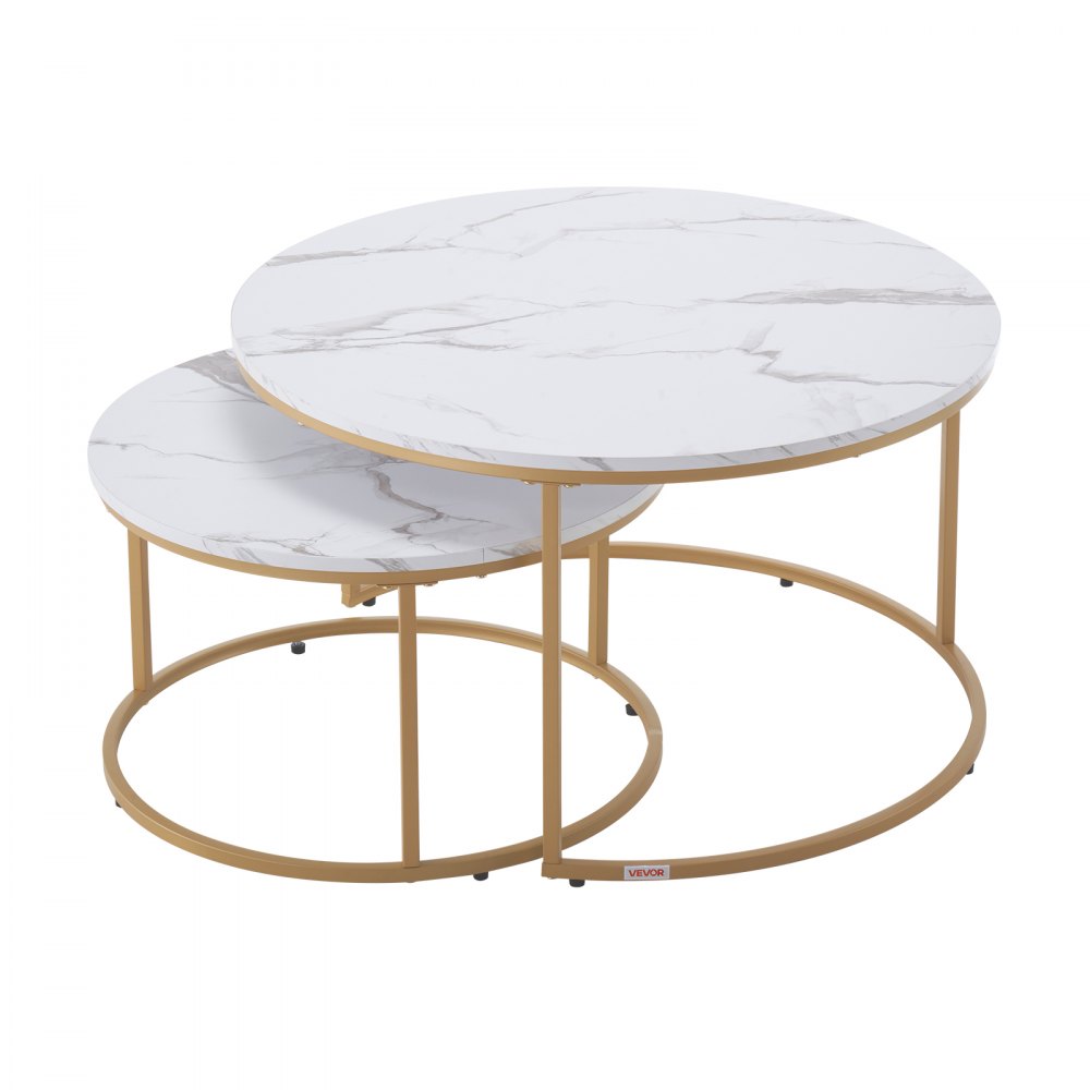 VEVOR Nesting Coffee Table Set of 2, 800 mm Round Coffee Table, Nesting Tables for Small Place, Vintage End Side Tables Night Stand with Metal Frame, for Living Room, Bedroom, Office (White & Gold)