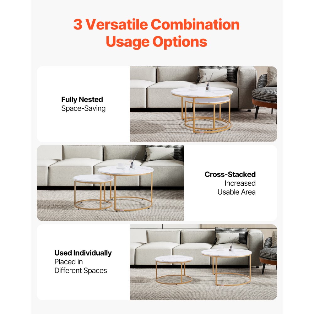 VEVOR Nesting Coffee Table Set of 2, 800 mm Round Coffee Table, Nesting Tables for Small Place, Vintage End Side Tables Night Stand with Metal Frame, for Living Room, Bedroom, Office (White & Gold)