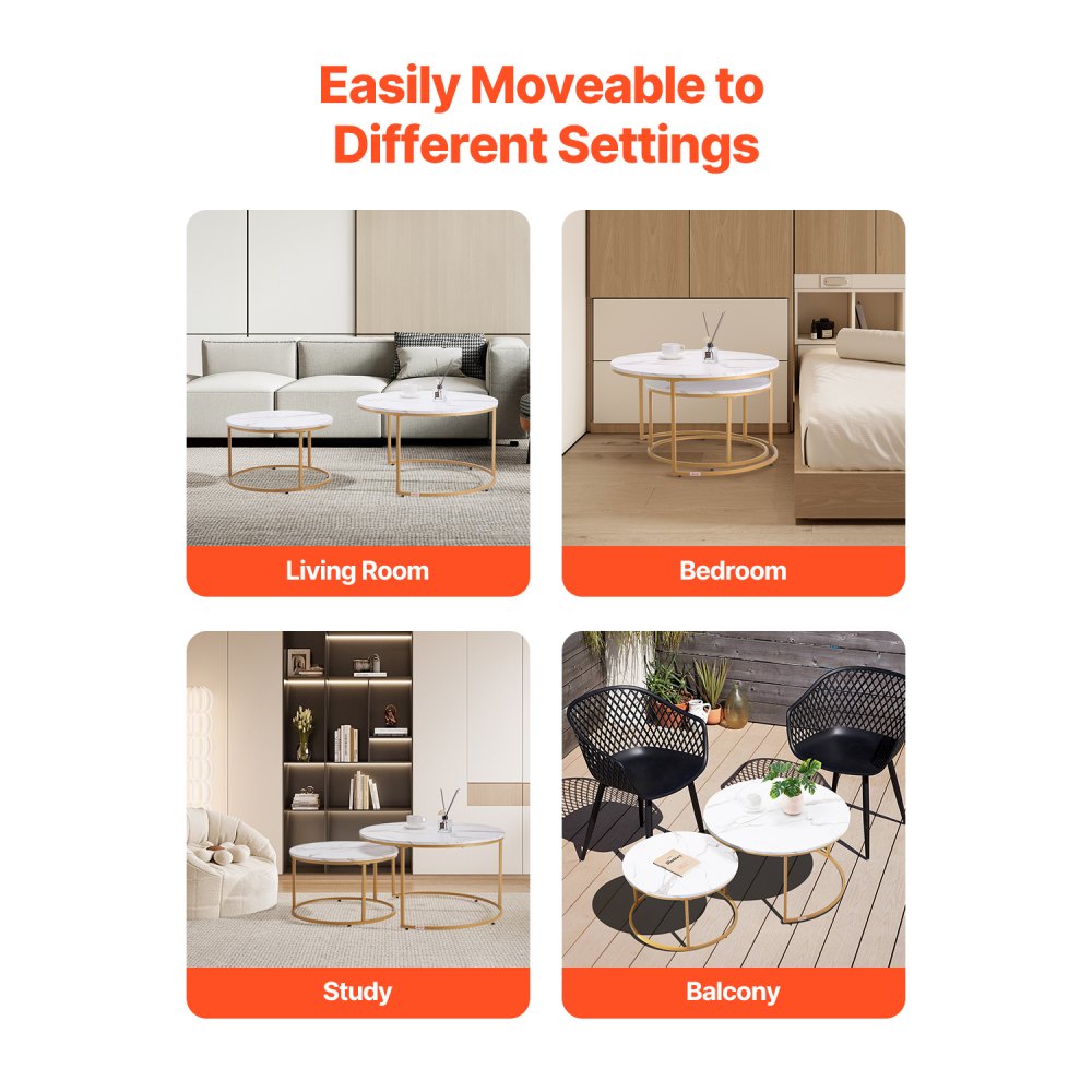 VEVOR Nesting Coffee Table Set of 2, 800 mm Round Coffee Table, Nesting Tables for Small Place, Vintage End Side Tables Night Stand with Metal Frame, for Living Room, Bedroom, Office (White & Gold)