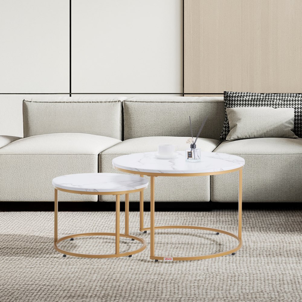 VEVOR Nesting Coffee Table Set of 2, 800 mm Round Coffee Table, Nesting Tables for Small Place, Vintage End Side Tables Night Stand with Metal Frame, for Living Room, Bedroom, Office (White & Gold)