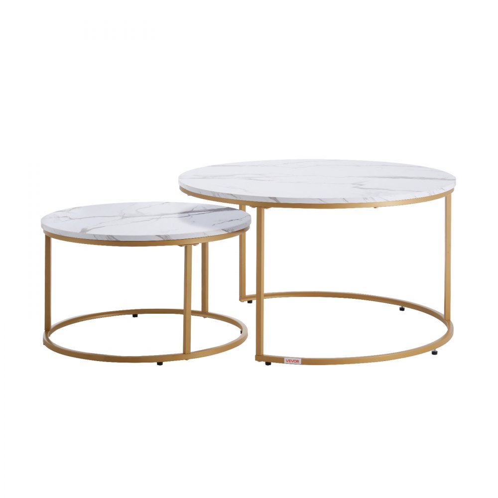 VEVOR Nesting Coffee Table Set of 2, 800 mm Round Coffee Table, Nesting Tables for Small Place, Vintage End Side Tables Night Stand with Metal Frame, for Living Room, Bedroom, Office (White & Gold)