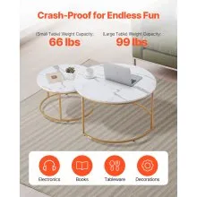 VEVOR Nesting Coffee Table Set of 2, 31.5 in Round Coffee Table, Nesting Tables for Small Place, Vintage End Side Tables Night Stand with Metal Frame, for Living Room, Bedroom, Office (White & Gold)