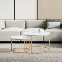VEVOR Nesting Coffee Table Set of 2, 31.5 in Round Coffee Table, Nesting Tables for Small Place, Vintage End Side Tables Night Stand with Metal Frame, for Living Room, Bedroom, Office (White & Gold)