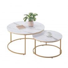 Nesting Coffee Table Set of 2 Round Coffee Table 31.5 in (White & Gold)