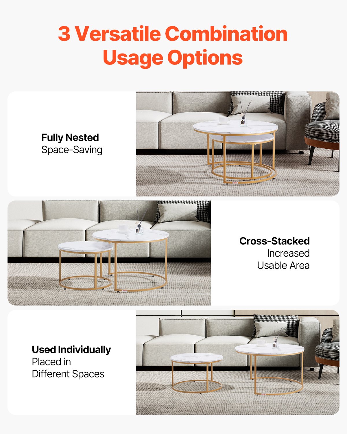 VEVOR Nesting Coffee Table Set of 2, 800 mm Round Coffee Table, Nesting Tables for Small Place, Vintage End Side Tables Night Stand with Metal Frame, for Living Room, Bedroom, Office (White & Gold)