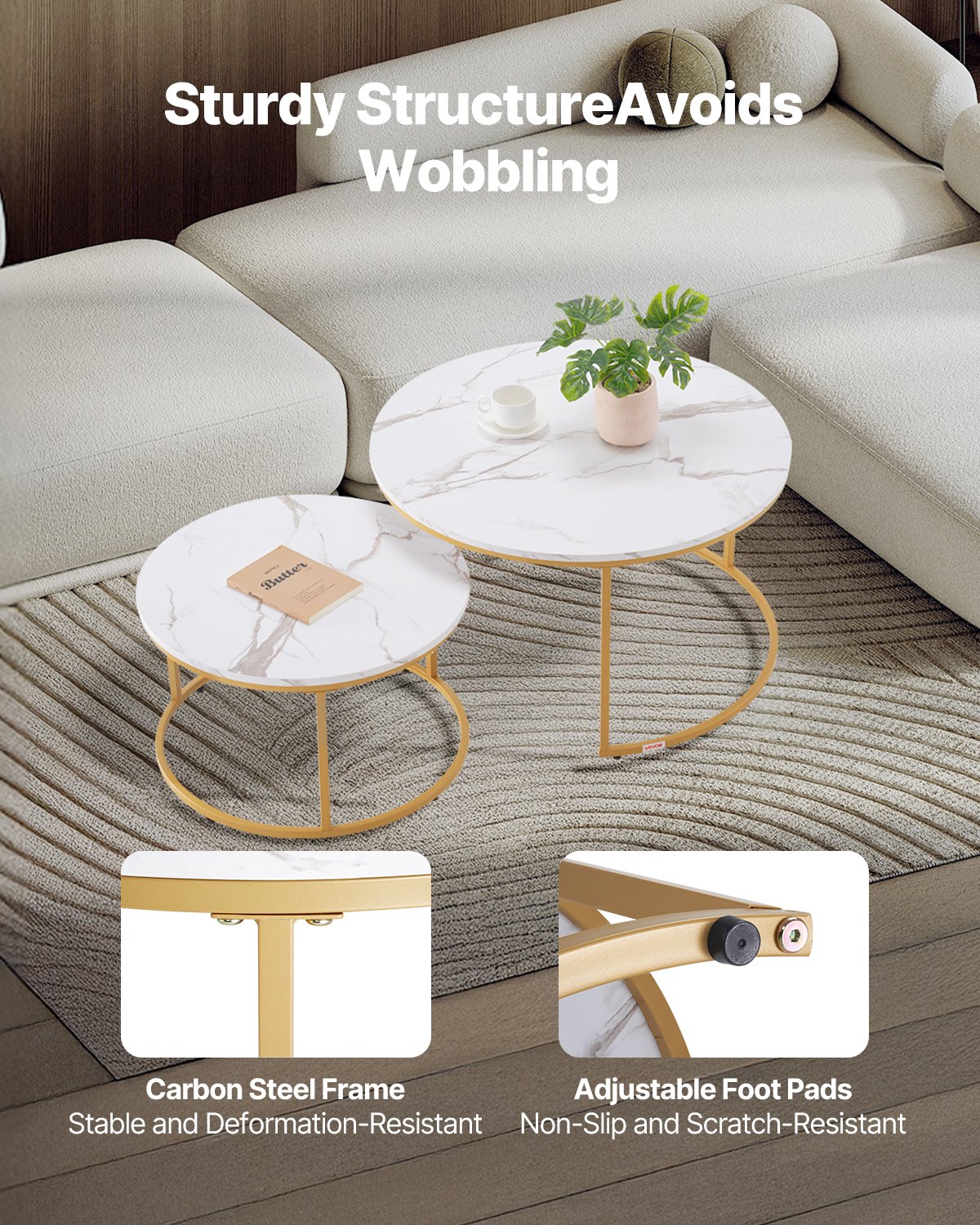 VEVOR Nesting Coffee Table Set of 2, 800 mm Round Coffee Table, Nesting Tables for Small Place, Vintage End Side Tables Night Stand with Metal Frame, for Living Room, Bedroom, Office (White & Gold)