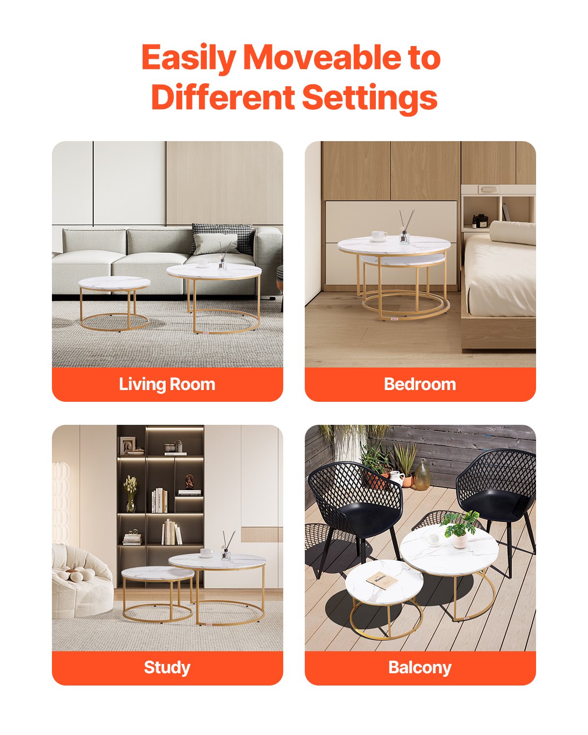 VEVOR Nesting Coffee Table Set of 2, 800 mm Round Coffee Table, Nesting Tables for Small Place, Vintage End Side Tables Night Stand with Metal Frame, for Living Room, Bedroom, Office (White & Gold)