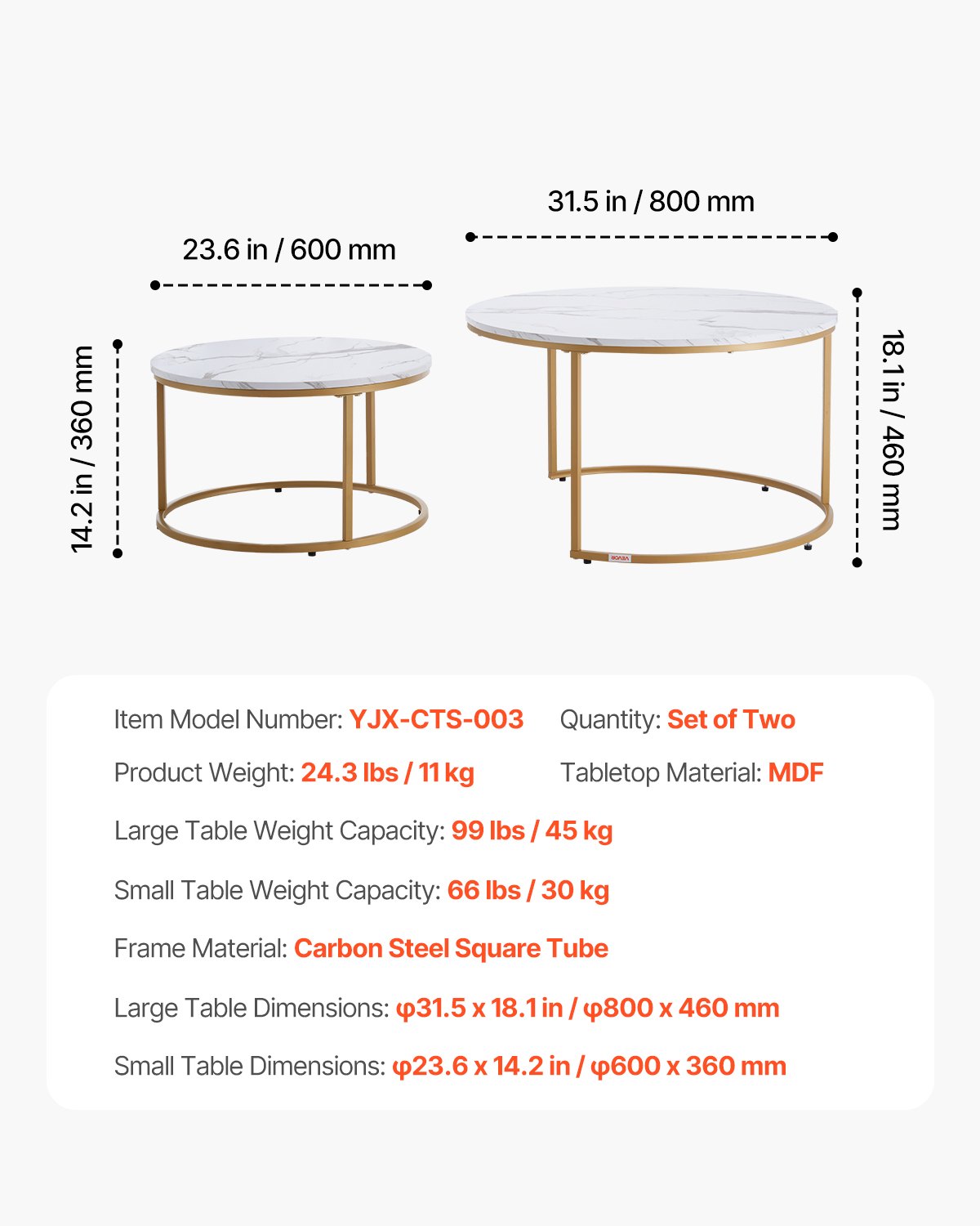 VEVOR Nesting Coffee Table Set of 2, 800 mm Round Coffee Table, Nesting Tables for Small Place, Vintage End Side Tables Night Stand with Metal Frame, for Living Room, Bedroom, Office (White & Gold)