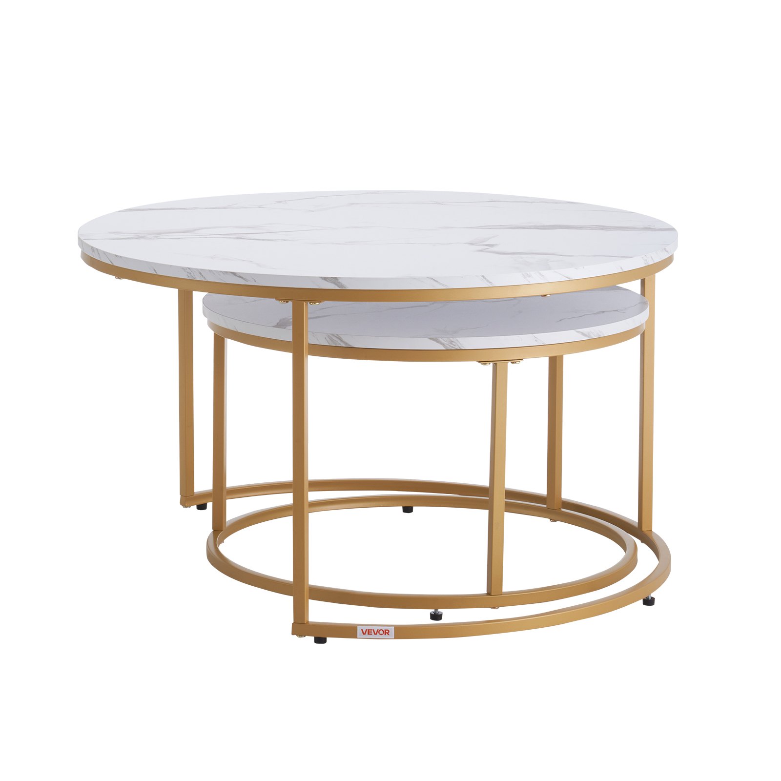 VEVOR Nesting Coffee Table Set of 2, 800 mm Round Coffee Table, Nesting Tables for Small Place, Vintage End Side Tables Night Stand with Metal Frame, for Living Room, Bedroom, Office (White & Gold)