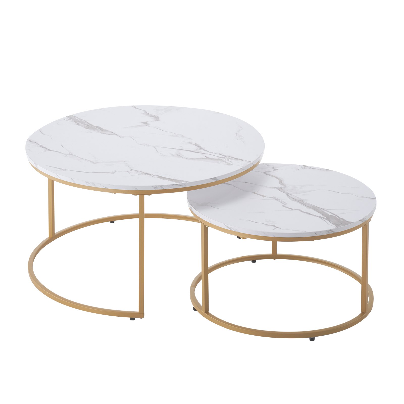 VEVOR Nesting Coffee Table Set of 2, 800 mm Round Coffee Table, Nesting Tables for Small Place, Vintage End Side Tables Night Stand with Metal Frame, for Living Room, Bedroom, Office (White & Gold)