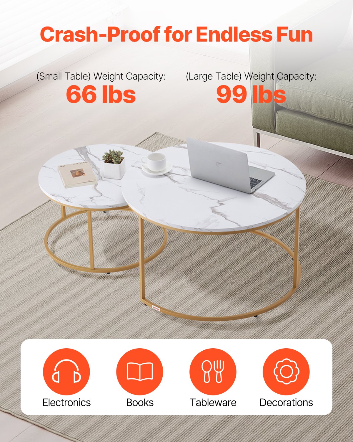 VEVOR Nesting Coffee Table Set of 2, 800 mm Round Coffee Table, Nesting Tables for Small Place, Vintage End Side Tables Night Stand with Metal Frame, for Living Room, Bedroom, Office (White & Gold)