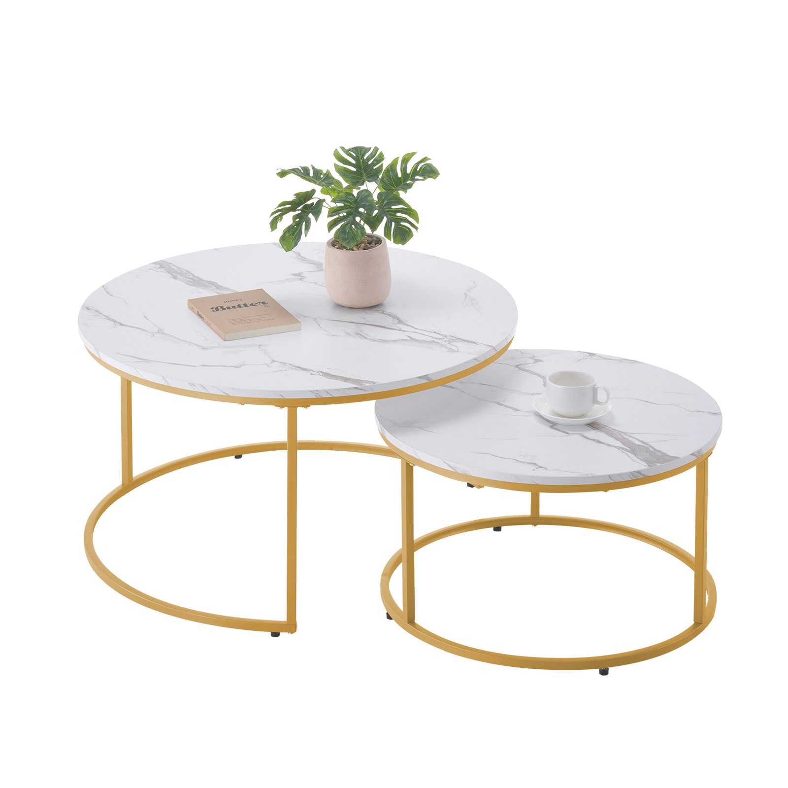 VEVOR Nesting Coffee Table Set of 2, 800 mm Round Coffee Table, Nesting Tables for Small Place, Vintage End Side Tables Night Stand with Metal Frame, for Living Room, Bedroom, Office (White & Gold)