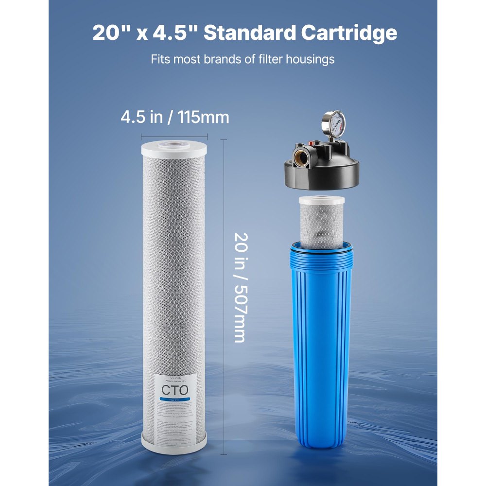 VEVOR Whole House Water Filter Replacement Cartridge, 4.5" x 20" CTO Carbon Block, Replacement Filter for 3-Stage Whole Home Water Filtration System, Reduce Chlorine, Bad Taste, Odor