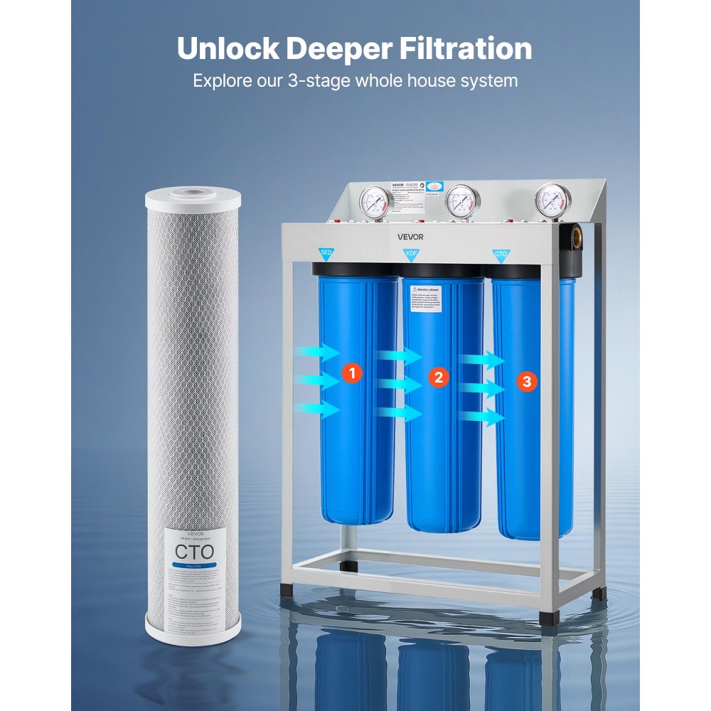 VEVOR Whole House Water Filter Replacement Cartridge, 4.5" x 20" CTO Carbon Block, Replacement Filter for 3-Stage Whole Home Water Filtration System, Reduce Chlorine, Bad Taste, Odor