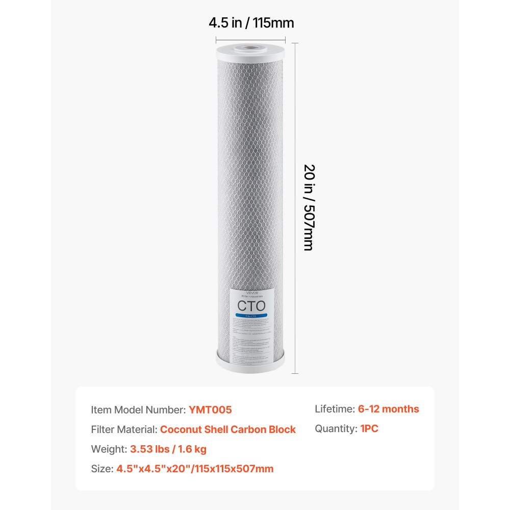 VEVOR Whole House Water Filter Replacement Cartridge, 4.5" x 20" CTO Carbon Block, Replacement Filter for 3-Stage Whole Home Water Filtration System, Reduce Chlorine, Bad Taste, Odor