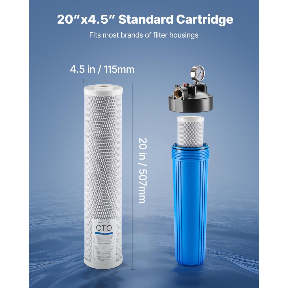 Cartucho de repuesto para filtro de agua para toda la casa VEVOR, bloque de carbón CTO de 11,4 cm x 50,8 cm, filtro de repuesto para sistema de filtración de agua de 3 etapas para toda la casa, reduce el cloro, el mal sabor y el olor, paquete de 2