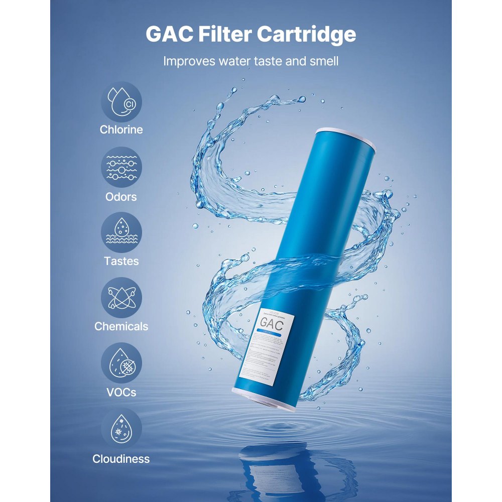 Cartucho de repuesto para filtro de agua para toda la casa VEVOR, 4.5" x 20", carbón activado granular (GAC), filtro de repuesto para sistema de filtración de agua para toda la casa, reduce el cloro, los químicos, los COV, el sabor y el olor.