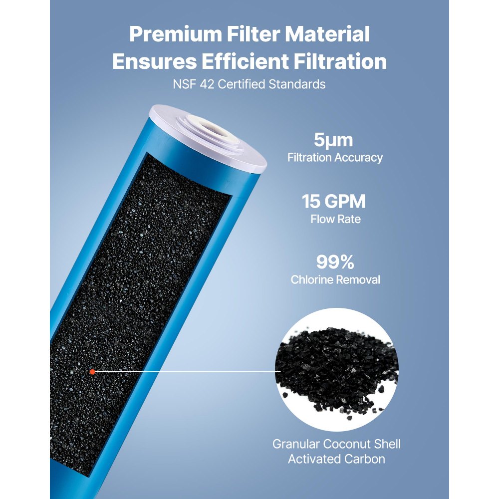 Cartucho de repuesto para filtro de agua para toda la casa VEVOR, 4.5" x 20", carbón activado granular (GAC), filtro de repuesto para sistema de filtración de agua para toda la casa, reduce el cloro, los químicos, los COV, el sabor y el olor.