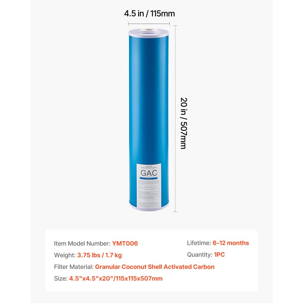 Cartucho de repuesto para filtro de agua para toda la casa VEVOR, 4.5" x 20", carbón activado granular (GAC), filtro de repuesto para sistema de filtración de agua para toda la casa, reduce el cloro, los químicos, los COV, el sabor y el olor.