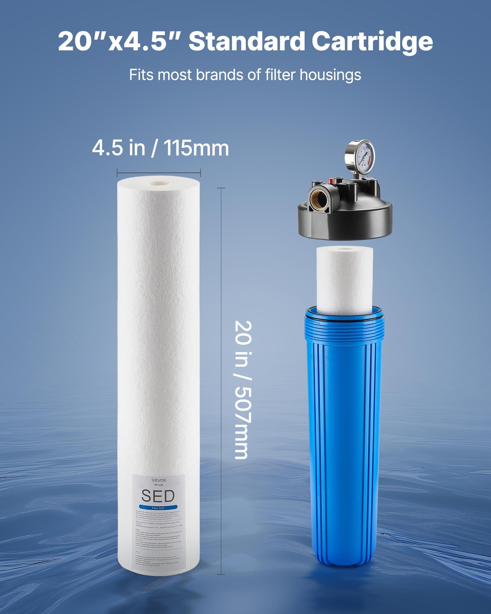 Náhradná filtračná kazeta VEVOR pre celý dom, polypropylénový sedimentačný filter s rozmermi 4,5"x20" (11x51 cm) pre 3-stupňový systém filtrácie vody pre celý dom, znižuje piesok, hrdzu, chlór, chuť a zápach.