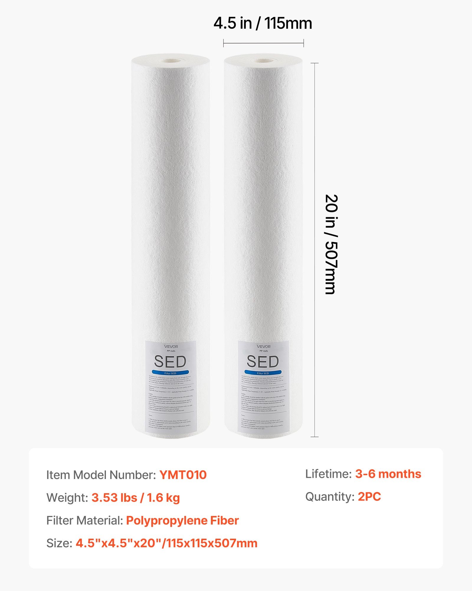 Náhradná filtračná kazeta VEVOR pre celý dom, polypropylénový sedimentačný filter s rozmermi 4,5"x20" (11x51 cm) pre 3-stupňový systém filtrácie vody pre celý dom, znižuje piesok, hrdzu, chlór, chuť a zápach.