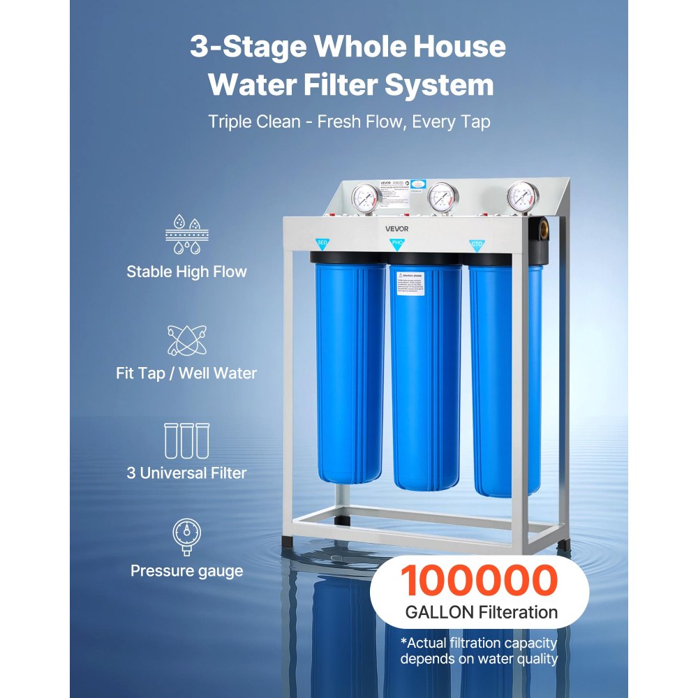 VEVOR  Whole House Water Filter System, 3-Stage | Sediment, PHO, CTO | 4.5" x 20" Home Water Purifier Filter Reduce Chlorine, Bad Taste, Odor, Rust, Prevent Scale and Corrosion