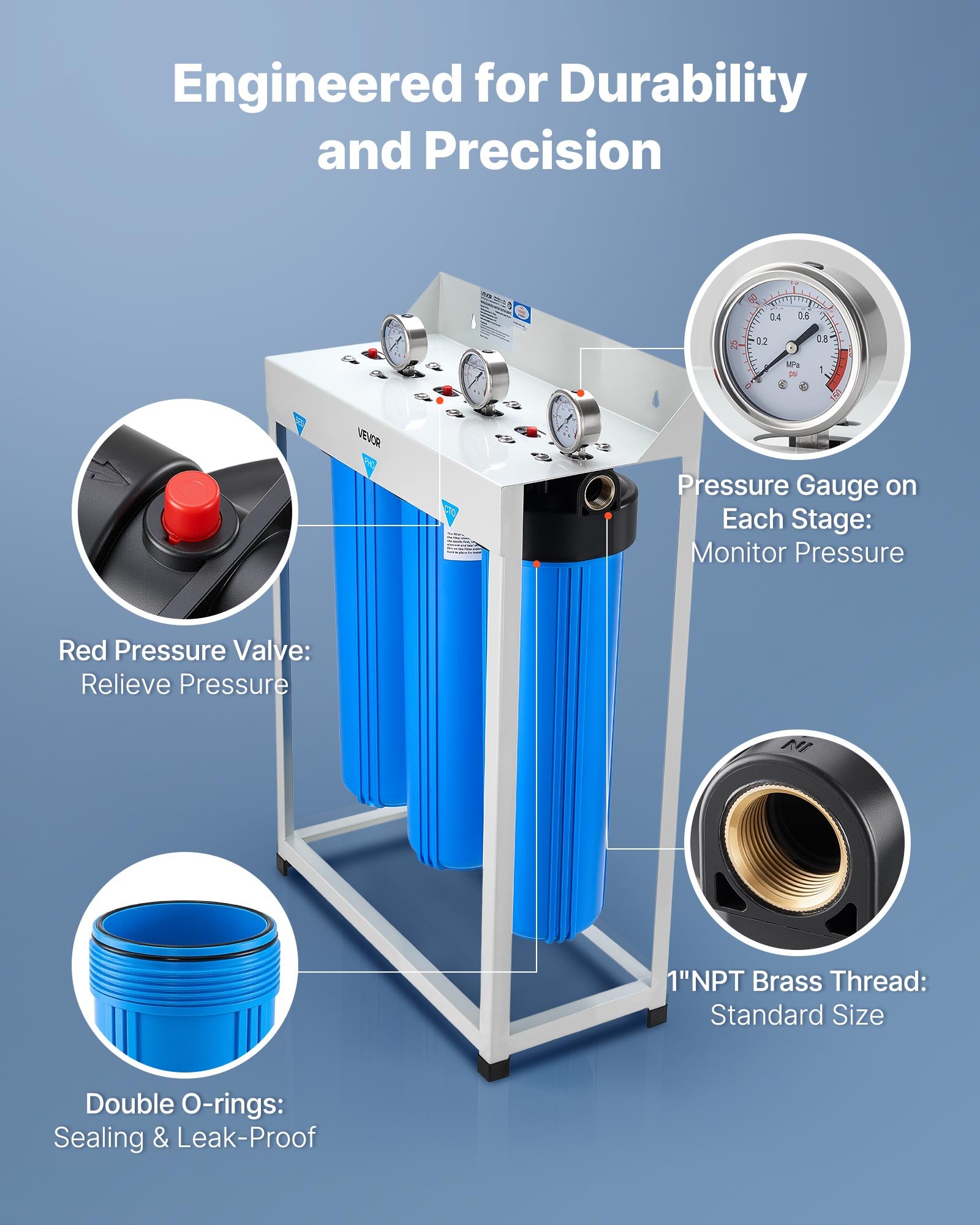 VEVOR  Whole House Water Filter System, 3-Stage | Sediment, PHO, CTO | 4.5" x 20" Home Water Purifier Filter Reduce Chlorine, Bad Taste, Odor, Rust, Prevent Scale and Corrosion