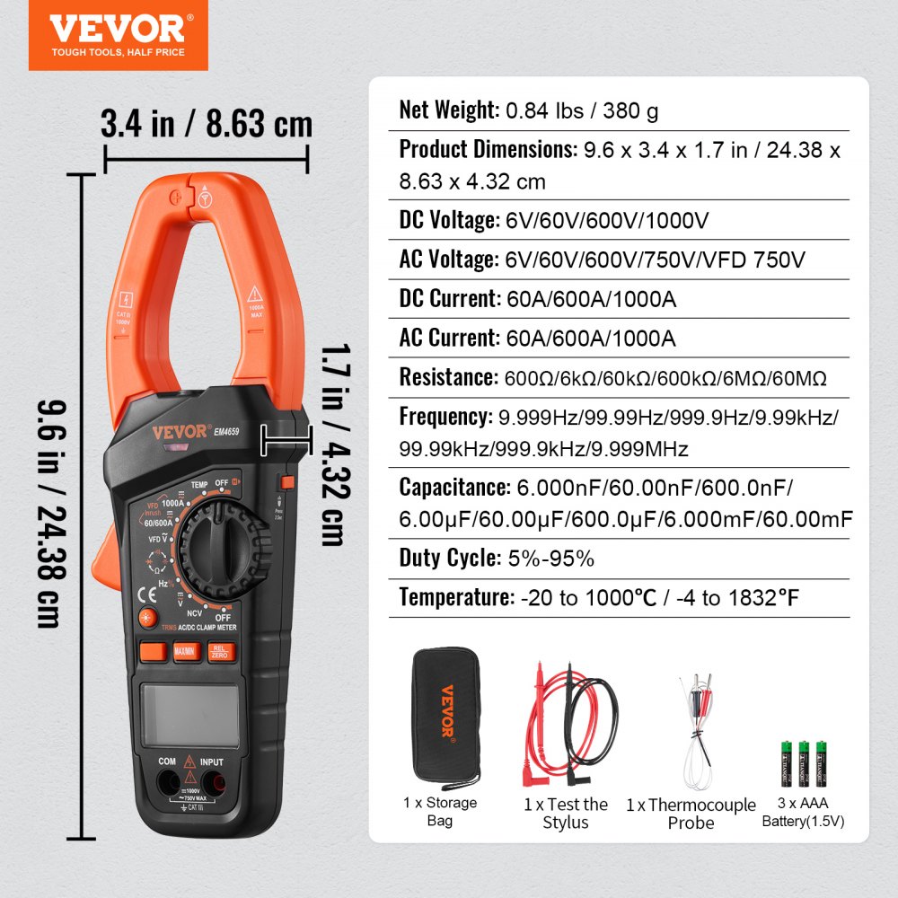 VEVOR Digital Clamp Meter T-RMS, 6000 Counts, 1000A Clamp Multimeter Tester, Measures Current Voltage Resistance Diodes Continuity Data Retention, NCV for Home Appliance, Railway Industry Maintenance