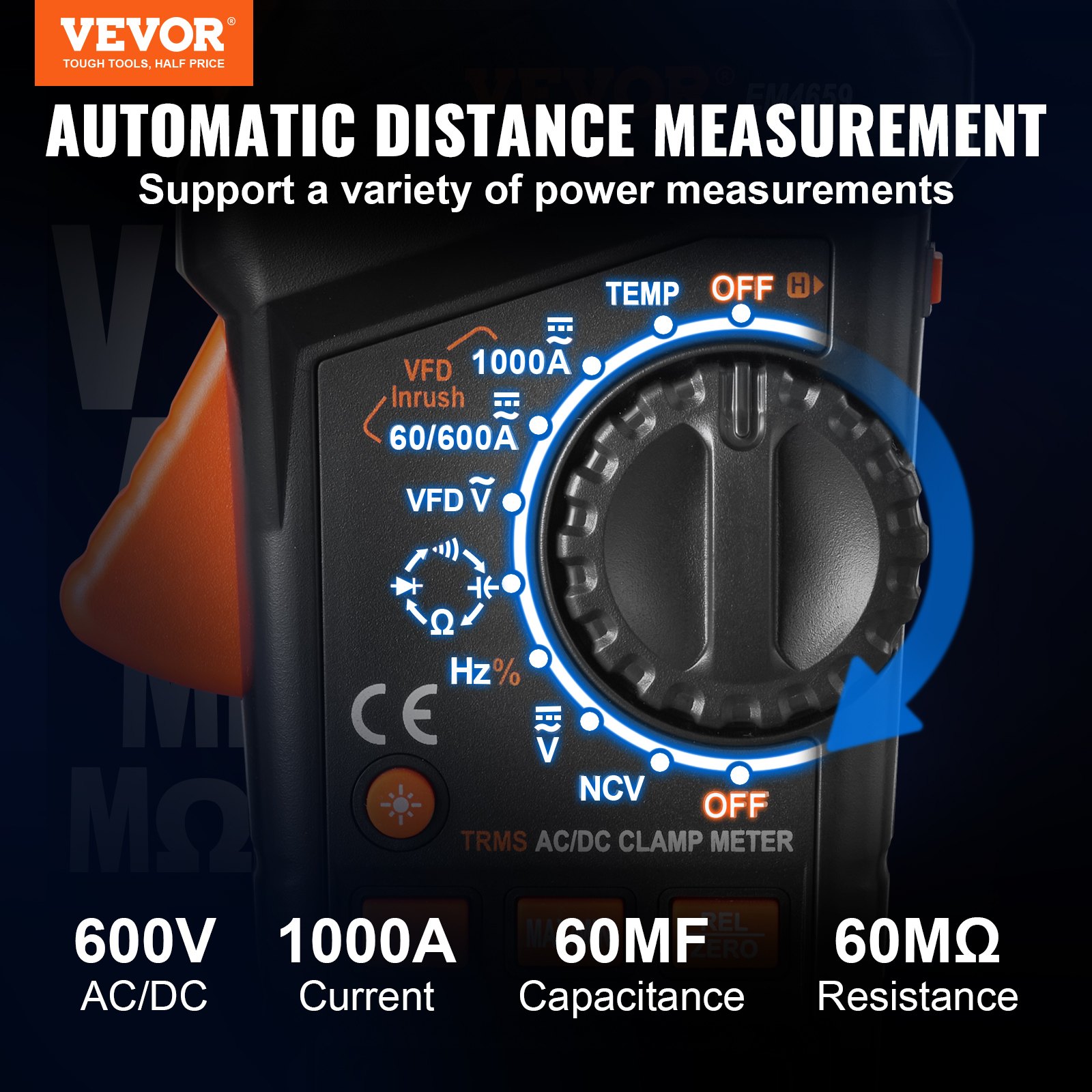 VEVOR Digital Clamp Meter T-RMS, 6000 Counts, 1000A Clamp Multimeter Tester, Measures Current Voltage Resistance Diodes Continuity Data Retention, NCV for Home Appliance, Railway Industry Maintenance