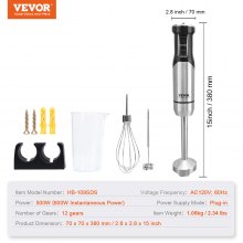 VEVOR Commercial Immersion Blender, 500 Watt 12-Speed Heavy Duty Immersion Blender, Stainless Steel Blade Copper Motor Hand Mixer, Portable Mixer with Measuring Cup, Whisk, Milk Frother, Silver