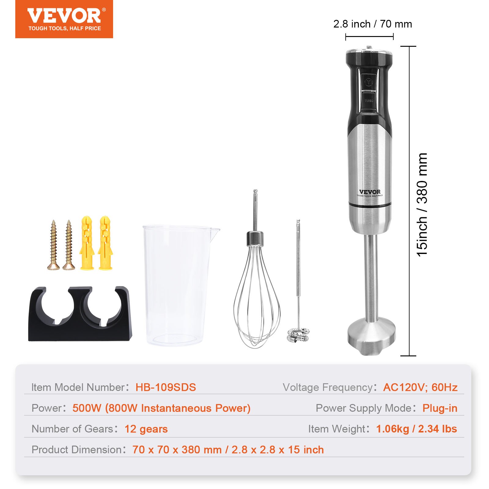 VEVOR Commercial Immersion Blender, 12-Speed Heavy Duty Immersion Blender, Stainless Steel Blade Copper Motor Hand Mixer, Portable Mixer with Measuring Cup, Whisk, Milk Frother, Silver