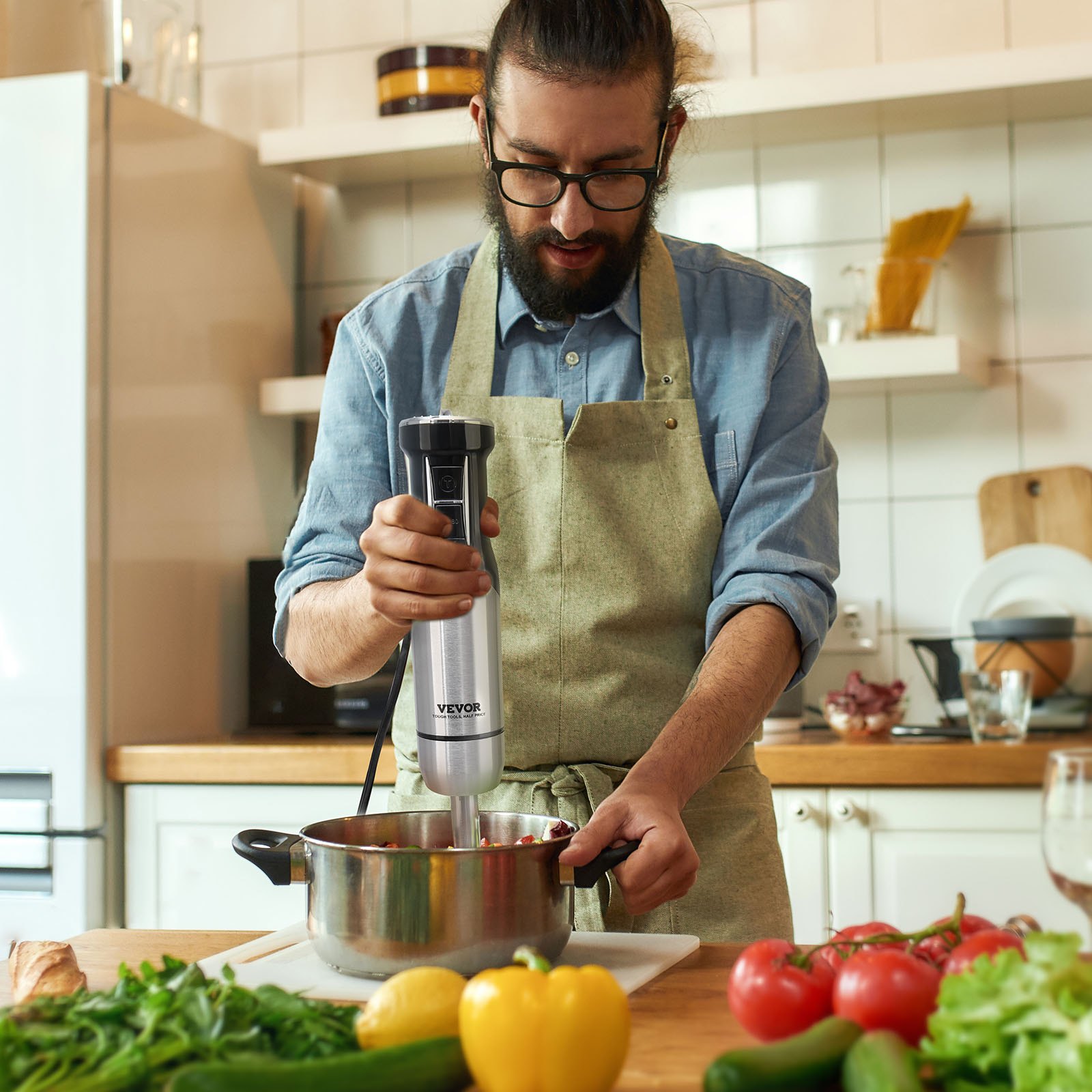 VEVOR Commercial Immersion Blender, 12-Speed Heavy Duty Immersion Blender, Stainless Steel Blade Copper Motor Hand Mixer, Portable Mixer with Measuring Cup, Whisk, Milk Frother, Silver