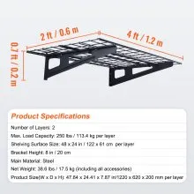 VEVOR Garage Storage Shelving, 2 Pack, 4 x 2 ft Heavy Duty Garage Shelves Wall Mounted, 500 lbs Load Capacity(Total) Garage Storage Rack Floating Shelves, Suitable for Shop, Shed, Garage Storage