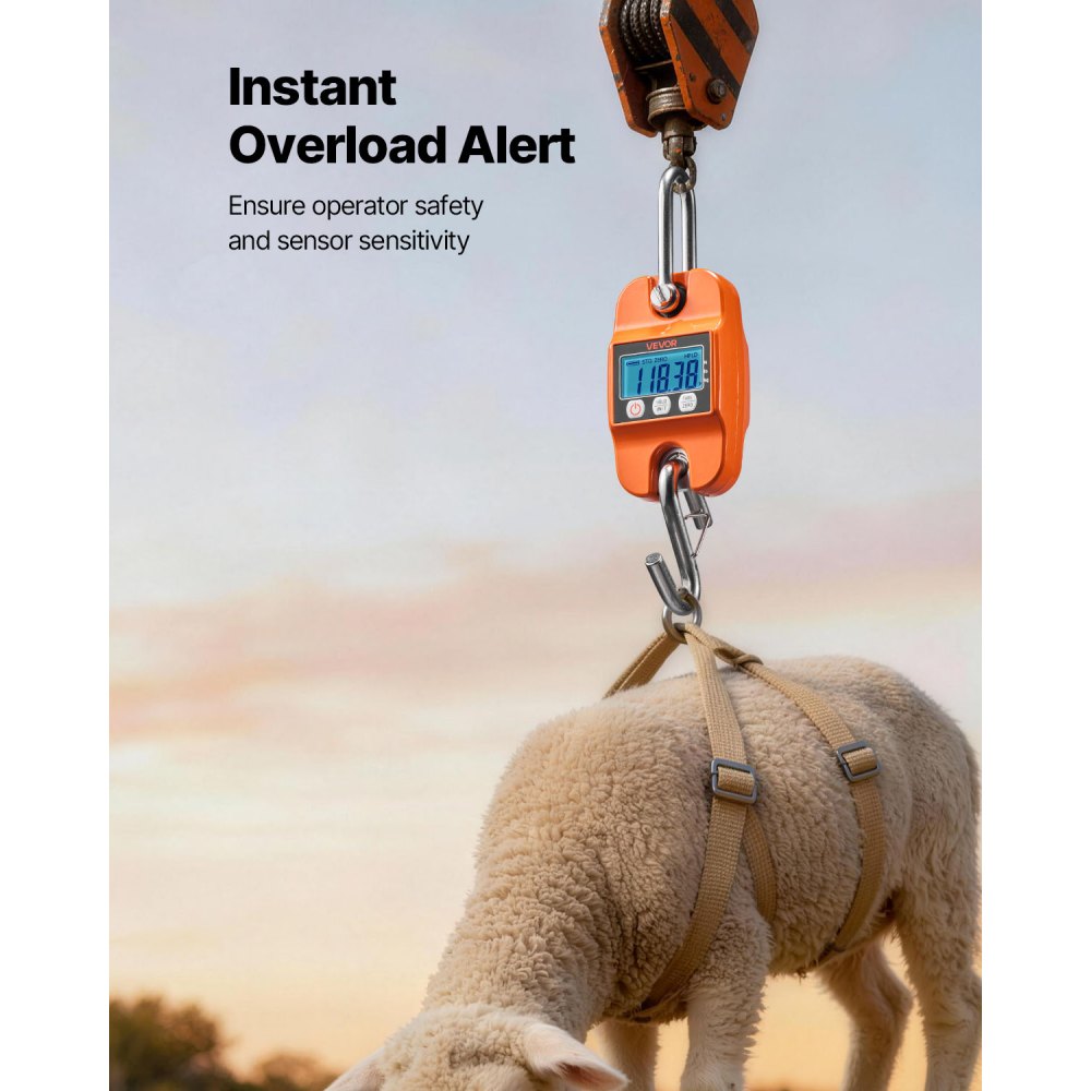 VEVOR Digital Crane Scale, 880 lbs/400 kg Max Capacity, Handheld Hanging Scale with Cast Aluminum Case & LCD Display, 100 g Division & 3 Unit Switch, Auto-Off Setting for Farm Hunting Fishing, Orange